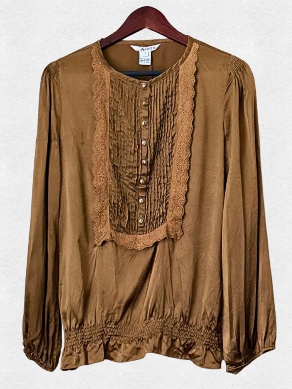 100% Silk Brown Peasant Blouse Long Sleeve Satin Shirt Size 8 Medium Coquette